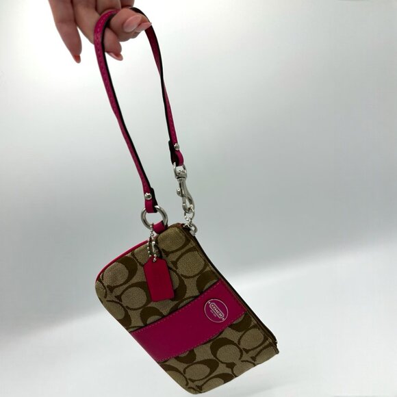 EUC Coach Canvas and Leather Signature Wristlet with Hangtag - Tan/Pink - Picture 4 of 13